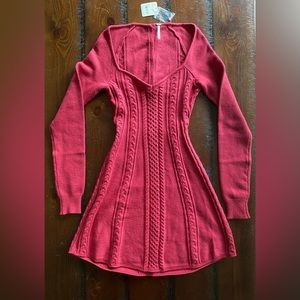Free People Small World long sleeve cable knit sweater dress cranberry SZ XS NWT